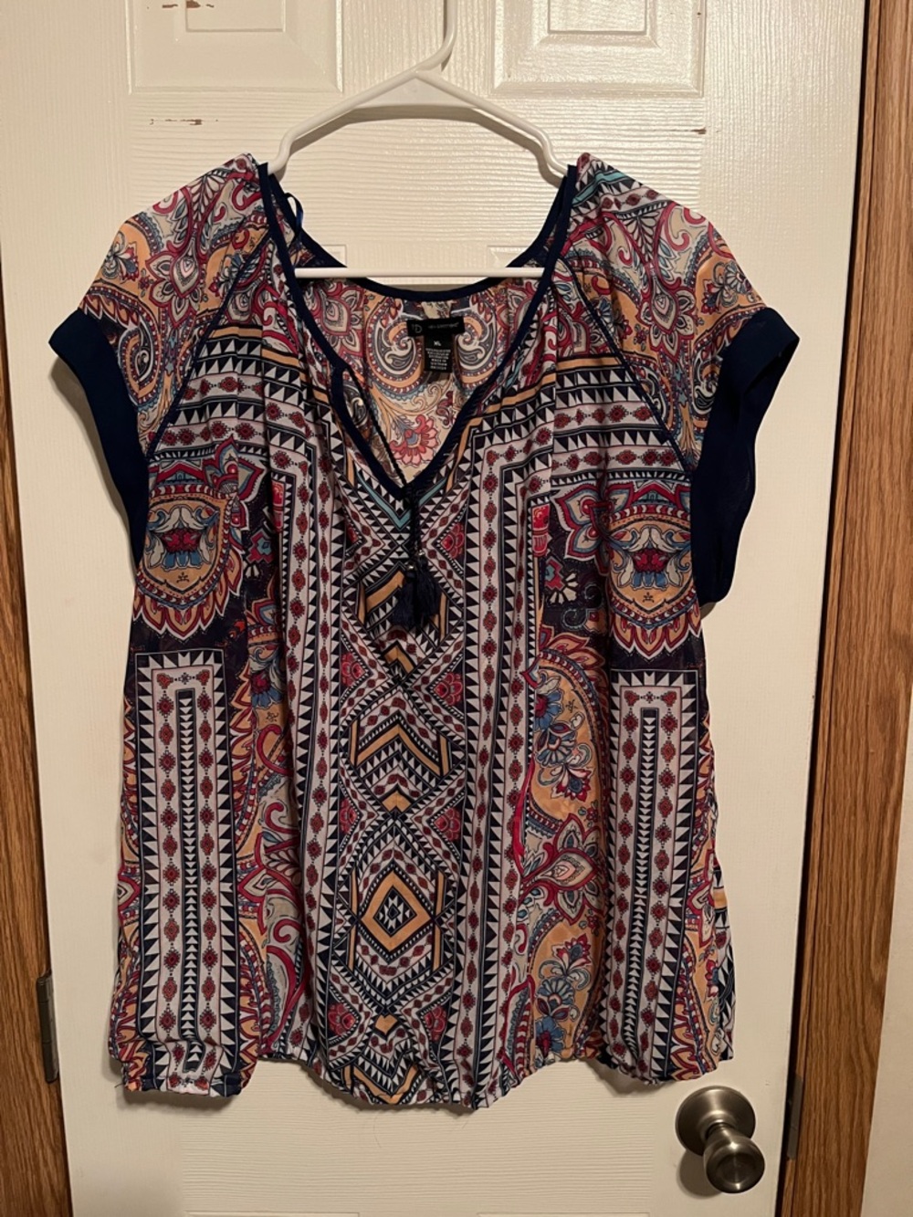 new directions Navy Boho Paisley Short Sleeve Blouse